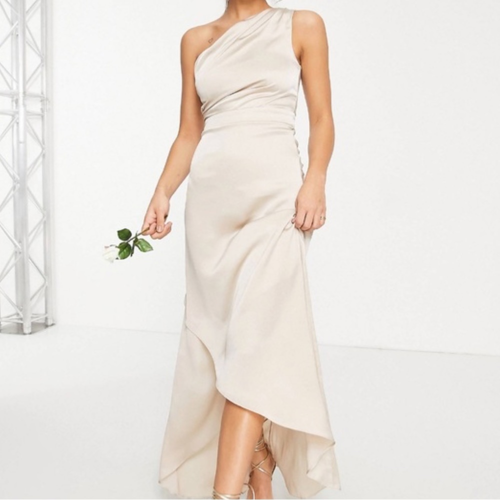 TFNC Bridesmaid satin one shoulder maxi dress in mink